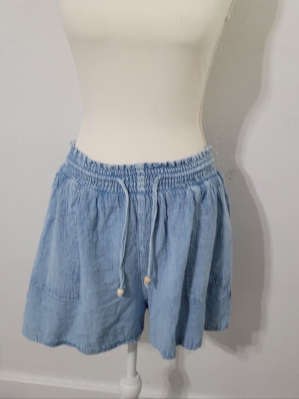 Cotton/linen Chambray High Rise Pull On Elastic Waist Shorts Size XL Drawstring